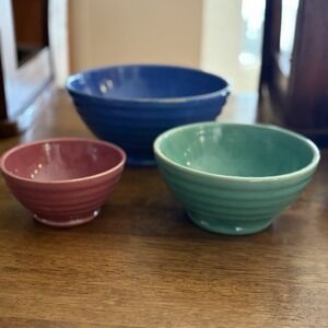 Vintage Meyer California Rainbow Pottery Nesting Mixing Bowls Ringware Set Of 3